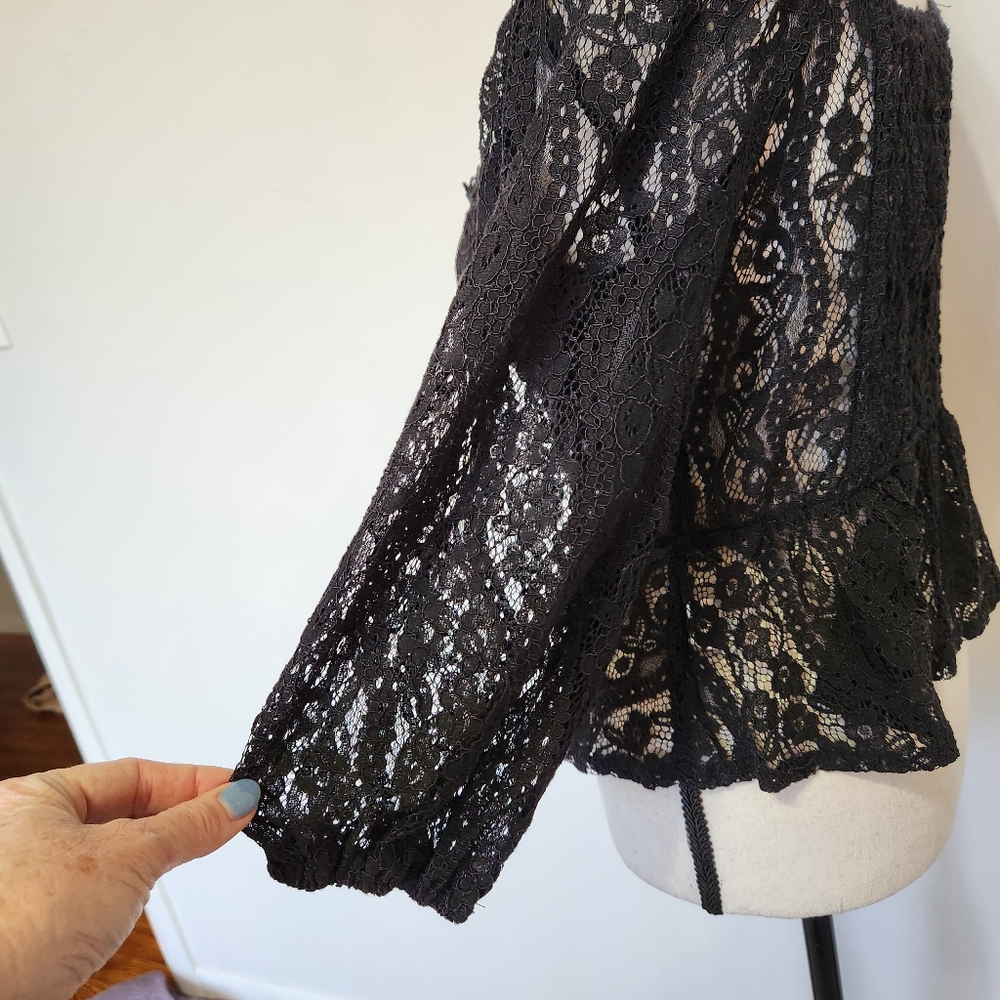 Haute Monde Shirt Top Black Lace Coquette Puff Sleeve Festival Whimsigoth Medium - Picture 6 of 13